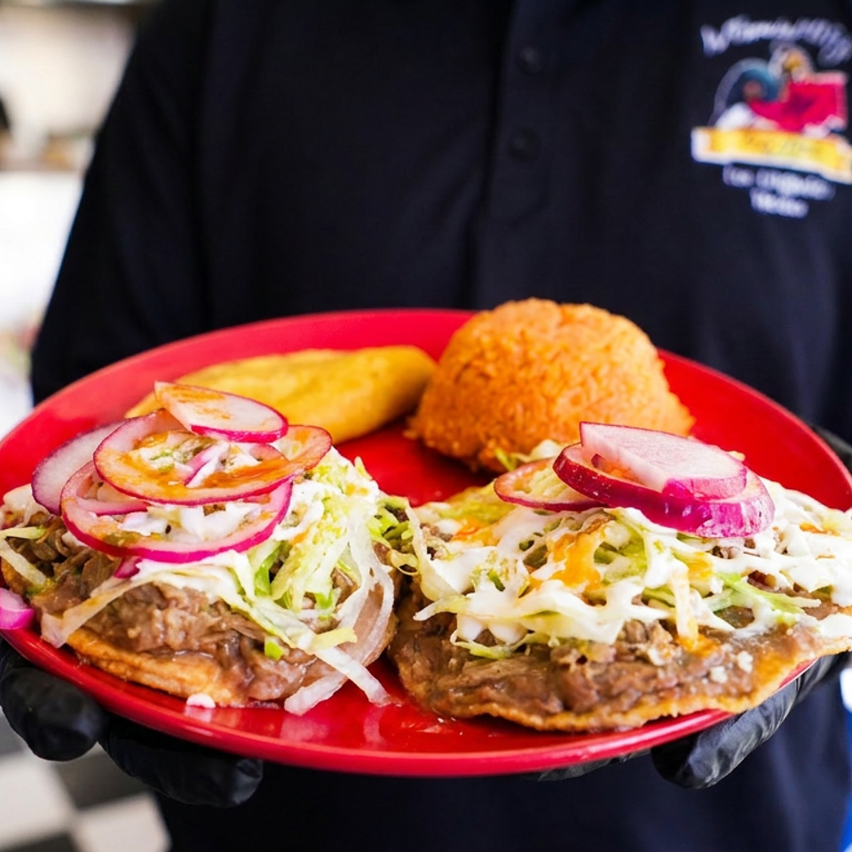 Server holds a red plate featuring two loaded tacos with lettuce, radishes, and cheese, alongside fried sides in a restaurant kitchen.