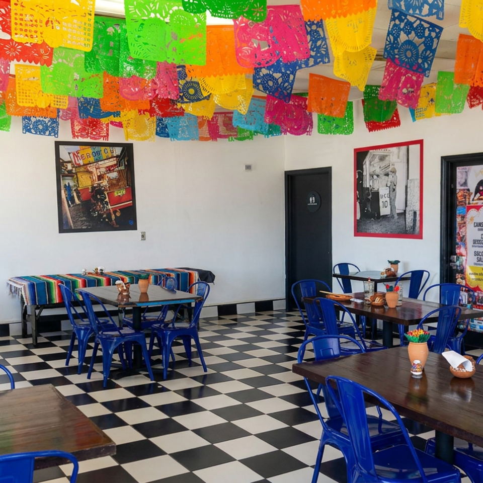 Colorful papel picado banners decorate a Mexican restaurant dining room with blue chairs, wooden tables, and a black-and-white checkerboard floor.