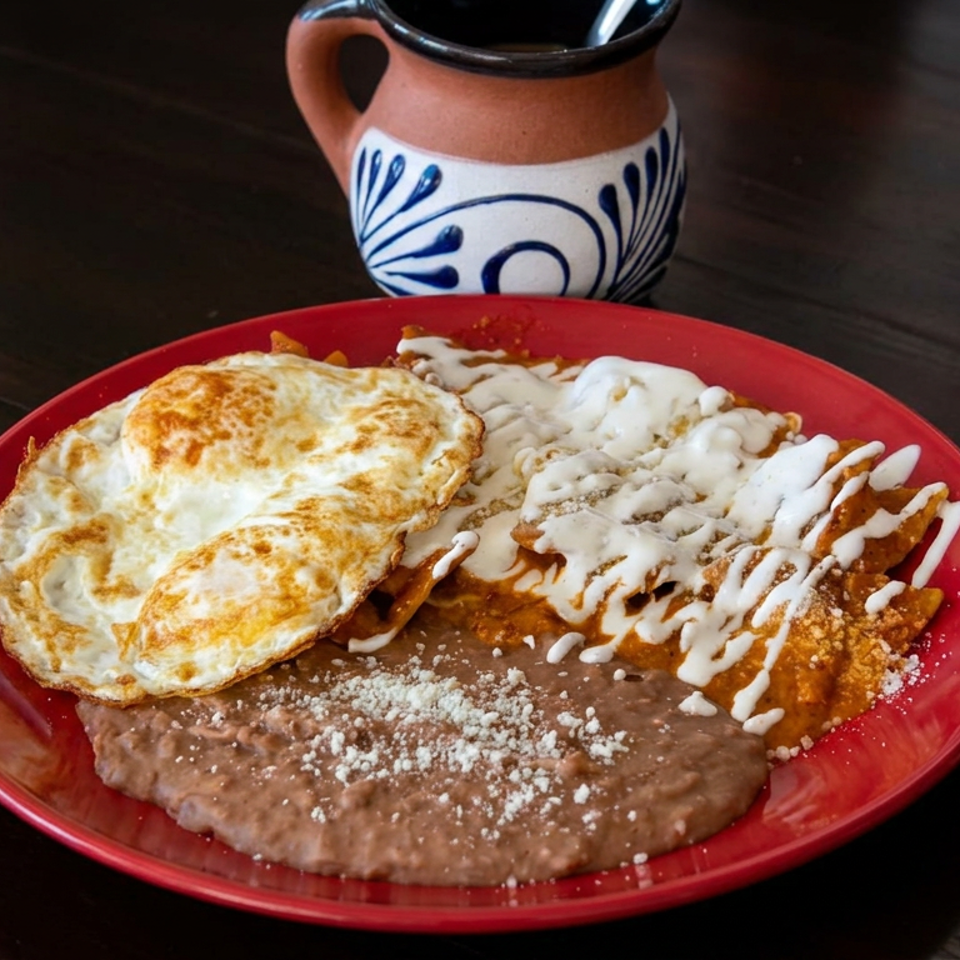 Mexican breakfast plate with fried eggs, enchiladas topped with cream, refried beans, and a painted ceramic mug.