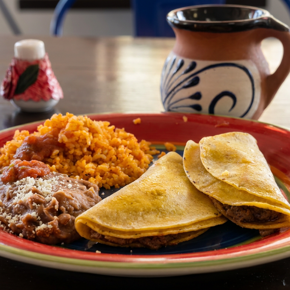 Mexican plate featuring folded corn tortillas with filling, refried beans, and orange rice on a colorful ceramic dish.