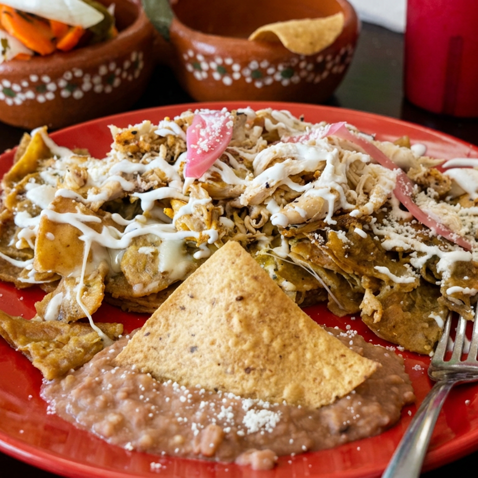 Red plate of Mexican chilaquiles topped with shredded chicken, crema, pickled onions, and cheese, served with refried beans and tortilla chips.