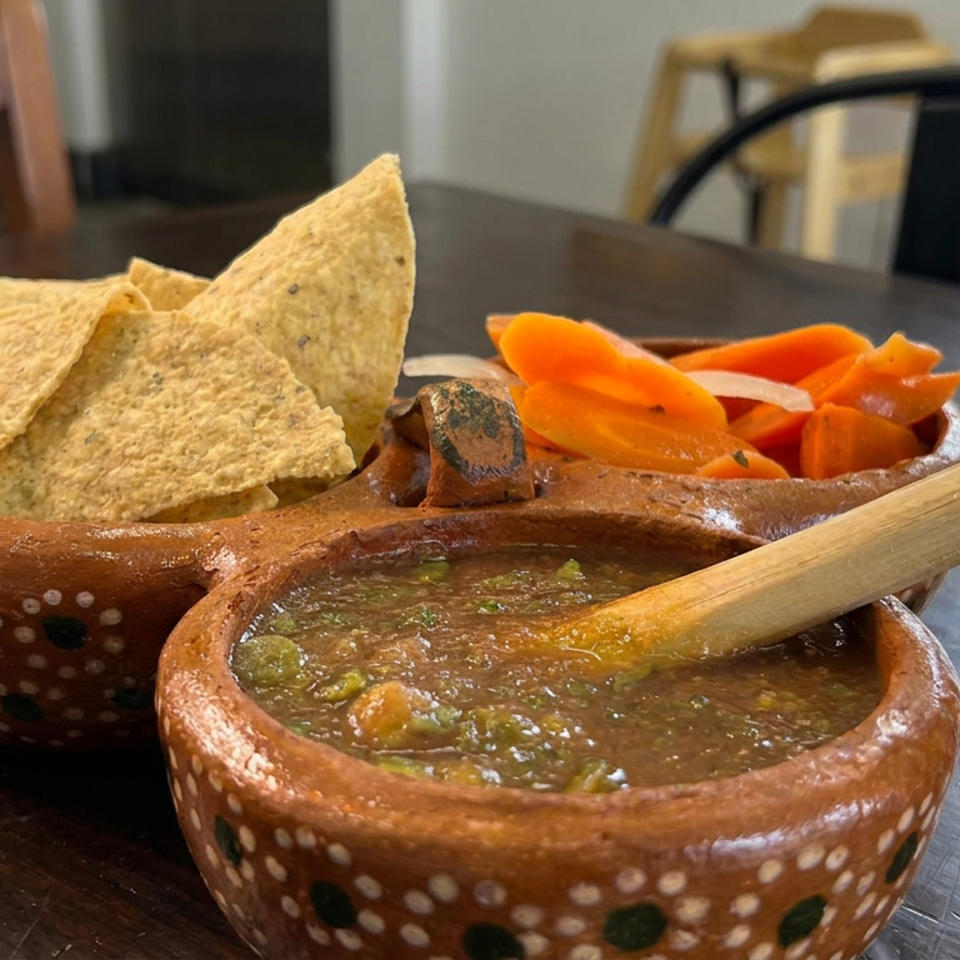 Handcrafted ceramic bowls hold tortilla chips, fresh salsa, and a wooden spoon on a rustic dining table.
