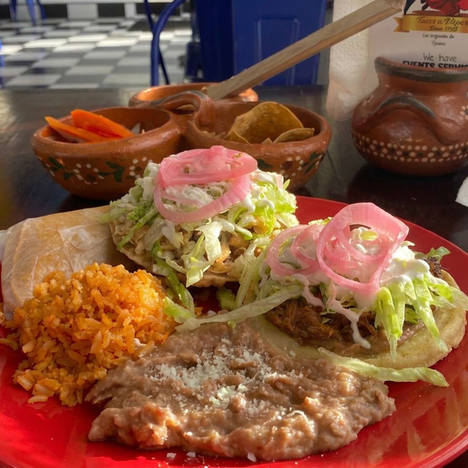 Mexican combo plate with rice, refried beans, lettuce-topped dishes, pickled onions, salsa, and a wrapped tortilla item.